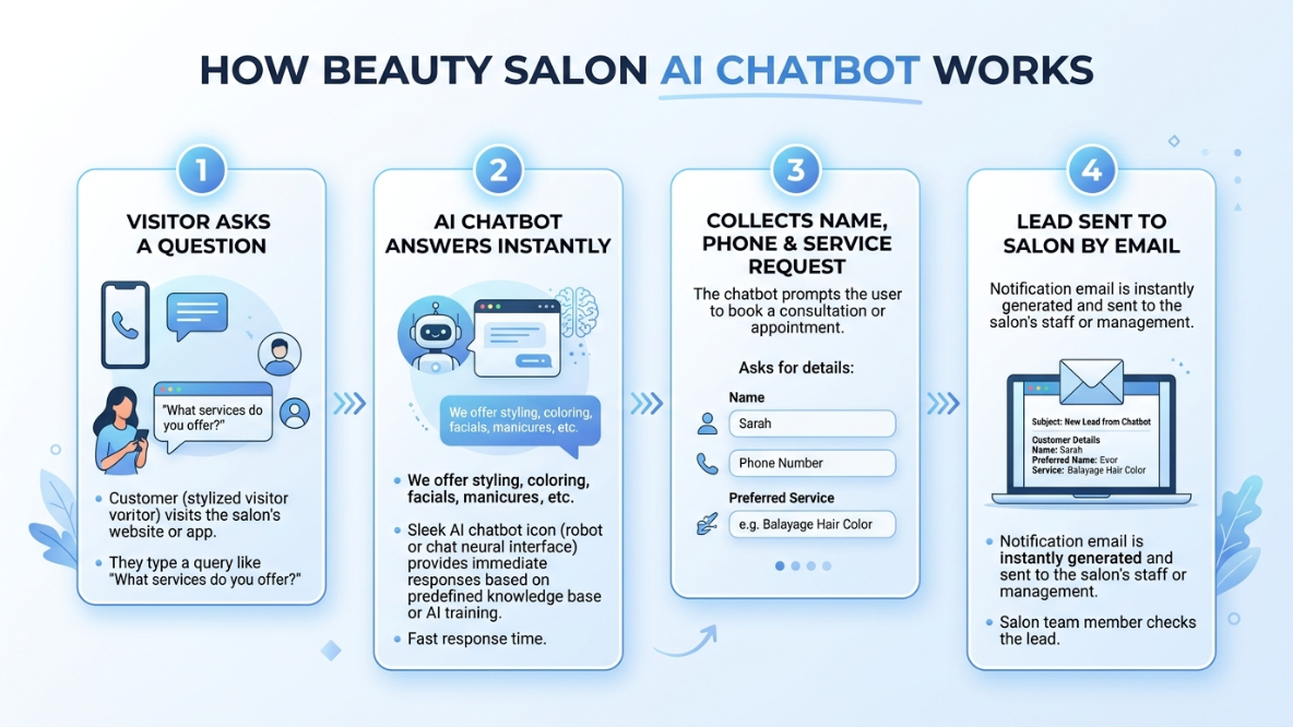 Workflow diagram showing how a beauty salon AI chatbot turns a visitor question into an email lead