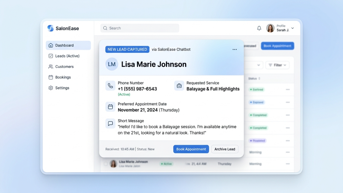 Qualified beauty salon lead captured from a website chatbot