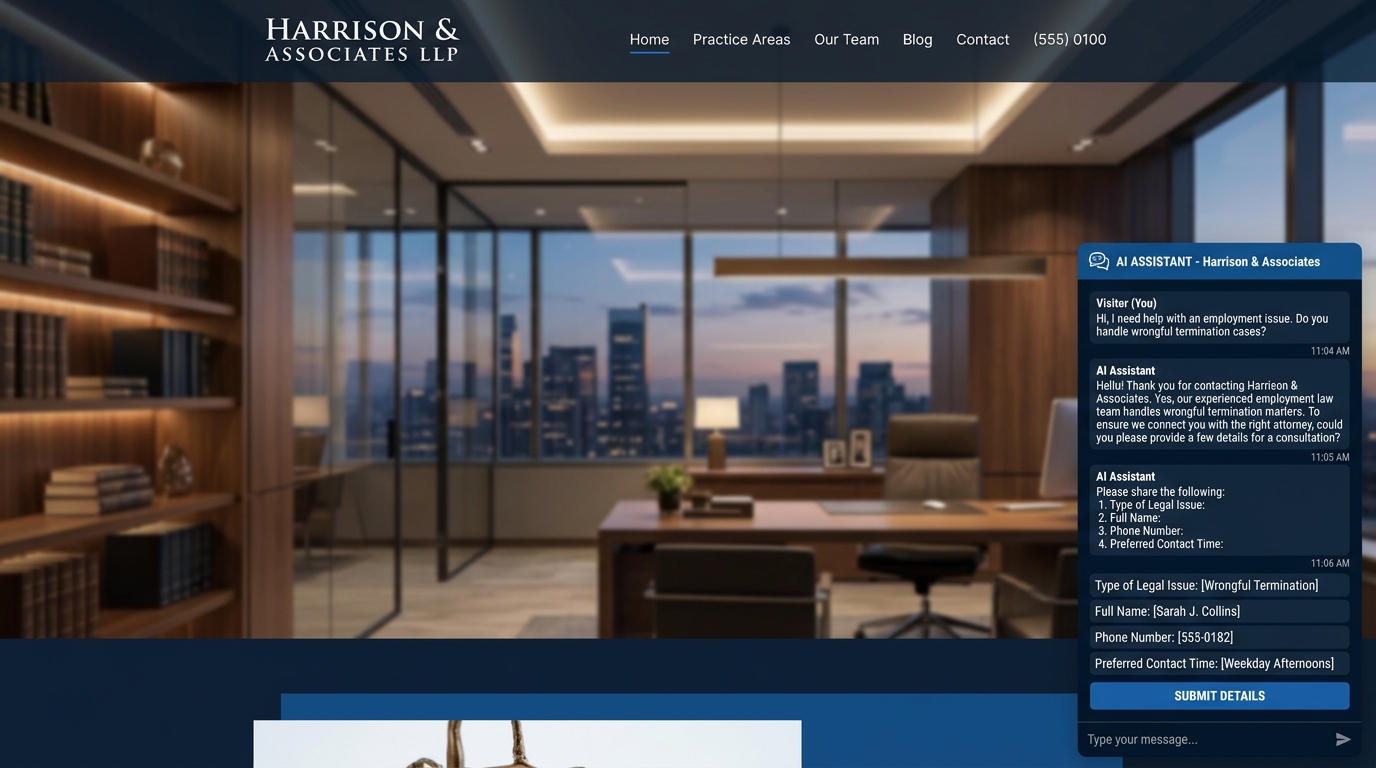 Law firm website chat assistant helping a visitor request a consultation