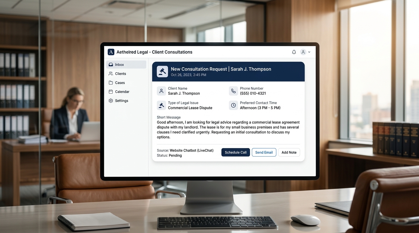 Workflow showing how a law firm AI chatbot turns a website visitor into a consultation request