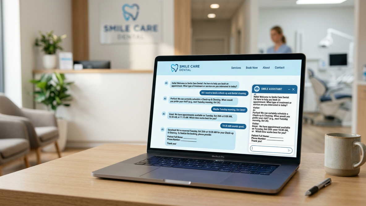 Dental clinic website chat widget helping a patient ask about an appointment
